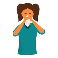 Sick girl blowing nose with tissue, suffering from cold or flu vector