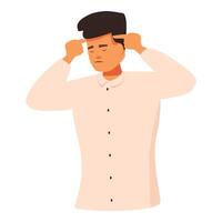 Exhausted manager suffering from headache, touching his temples with fingers vector
