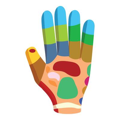 Colorful hand showing acupressure points or reflexology zones