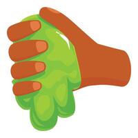 Hand holding and squeezing green slime, kid playing with goo vector