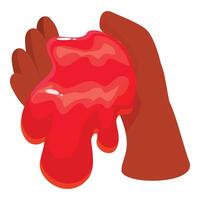 Hands holding and stretching red slime, gooey substance dripping vector