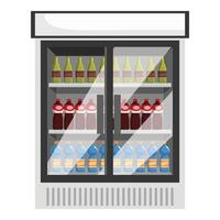 Refrigerator displaying bottled water, soda and wine bottles in supermarket vector