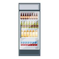 Refrigerator displaying bottled and canned beverages in supermarket or convenience store vector