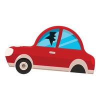 Red broken car with missing wheel and shattered window illustrating car accident vector