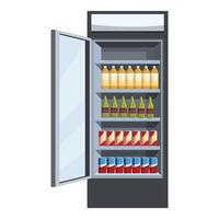 Open refrigerator displaying bottled beverages and canned drinks vector