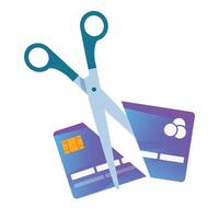 Scissors cutting credit card in half symbolizing debt cancellation vector