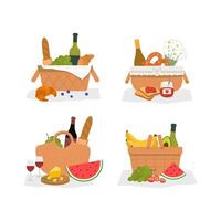 picnic basket set with wine, watermelon, bread, fruit and cheese vector