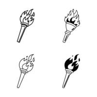 Flat Design of Fire Torch Icon Set Illustration in Silhouette Style with unique flame and handle vector