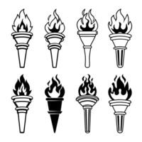 Fire Torch Icon Set Illustration in Silhouette Style with unique flame and handle designs vector