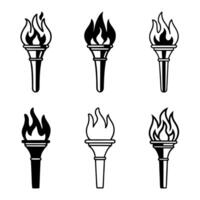 Burning Fire Torches Flame Icon Set Illustration in Silhouette Style with unique flame and handle designs vector