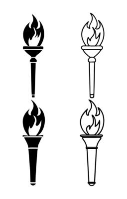 Minimalist Burning Fire Torches Flame Icon Set with unique flame and handle