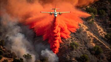 Firefighting plane dispersing red retardant over a smoky wildfire in dry, rugged hills with sparse vegetation, showcasing aerial suppression photo