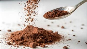 Spoon with cocoa powder spilling on white background. photo