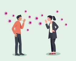Illustration of two people interacting with a virus spread concept, featuring colorful virus particles floating between them. Perfect for medical themes vector