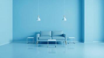 Minimalist living room with a bright blue color scheme and modern furniture. photo