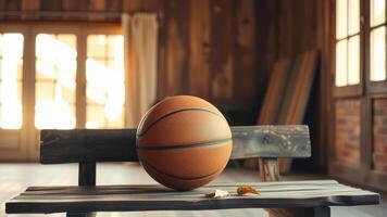 A basketball resting on a rustic wooden bench in a cozy sunlit studio photo