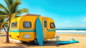 Blue sky over retro yellow caravan and surfboard on beach photo