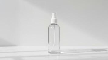 Facial mist bottle on marble surface with pale gray backdrop photo