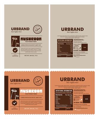 Vintage modern mushroom supplement label design, clean and minimalist banner focused on health and wellness, with a retro style Stand up pouch bag food product packaging.