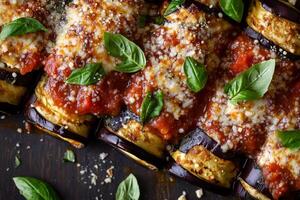 Close-up of baked eggplant slices topped with tomato sauce, melted cheese, and fresh basil leaves on a rustic dark background. photo