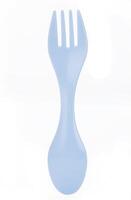 Blue plastic spork combining a spoon and fork in one utensil,isolated on a white background photo