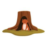 Cute fox hiding in tree trunk hollow in forest, wildlife scene vector