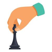 Hand moving a black bishop chess piece, representing strategy, planning, and decision making in business vector