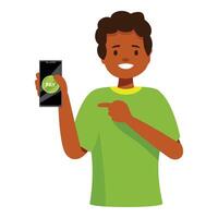 Happy smiling man holding smartphone and showing online payment app vector