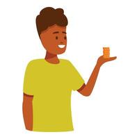Young man holding and showing a stack of coins smiling vector
