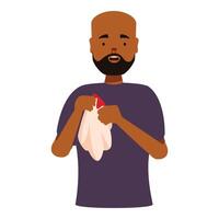 Man holding tissue to nosebleed, suffering from nose bleeding vector