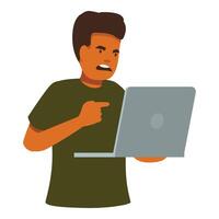 Angry programmer pointing at laptop screen showing error message vector