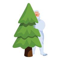 Yeti hiding behind fir tree observing carefully surrounding environment vector