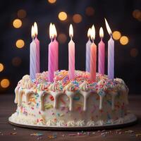 Happy Birthday Greeting Card with Cake Bokeh Background photo