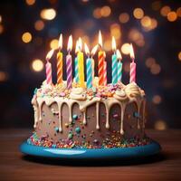 Happy Birthday Greeting Card with Cake in Bokeh Background photo