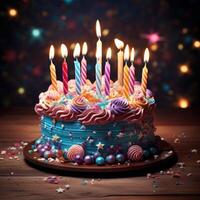 Colorful birthday cake Happy Birthday Greeting Card with Cake in Bokeh Background photo