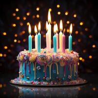 Beautiful birthday cake against festive lights photo
