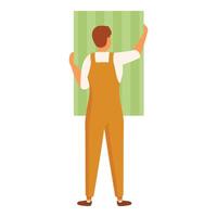 Construction worker installing green plasterboard panel, rear view vector