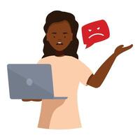 Upset female office worker receiving bad news while working at computer, showing negative emoji vector