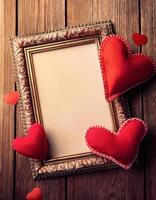 Blank vintage photo frame mockup with heart decoration. Elegant ornate frame with red hearts on rustic wood table background for presentation and display love-themed projects.