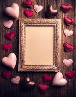 Blank vintage photo frame mockup with heart decoration. Elegant ornate frame with red hearts on rustic wooden table background for present and display love-themed projects.