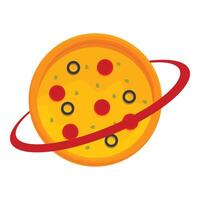 Round pizza planet rotating in space with red orbit rings vector