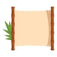 Blank parchment scroll hanging on bamboo sticks with tropical leaf accent vector