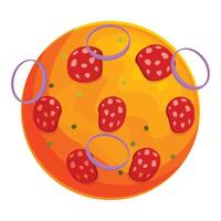 Round pizza with salami and onion rings rotating in space vector