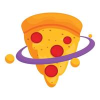 Delicious pepperoni pizza slice orbiting like a planet in outer space vector