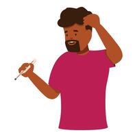 Worried man using a thermometer, experiencing symptoms of fever and illness vector