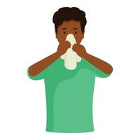 Sick young man blowing nose with tissue paper, suffering from cold or flu vector