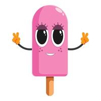 Pink ice cream cartoon character making victory sign with both hands vector