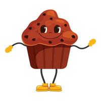 Smiling chocolate chip muffin wearing yellow boots waving hand vector
