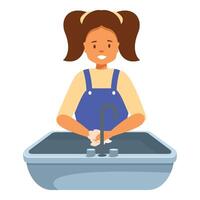 Smiling girl washing hands with soap in sink vector