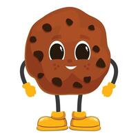Smiling chocolate chip cookie cartoon character wearing yellow boots vector